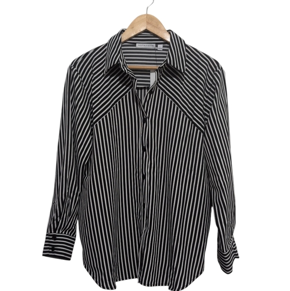 NWT Notations Black And White Striped Long Sleeve Button Down Blouse Size Large - Picture 2 of 12